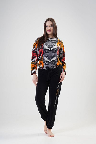 VİENETTA Fleece Low Shoulder Long Sleeve Pajama Set , 201041