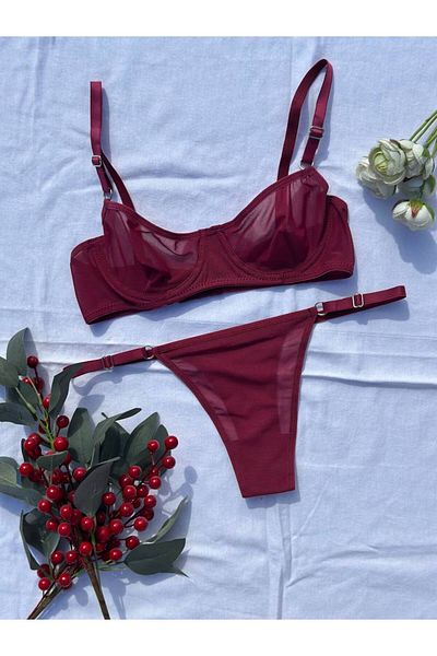 BLUE AVCI LINGERIE Set de bralet din tul cu sârmă roșu Claret Cherry Rotten