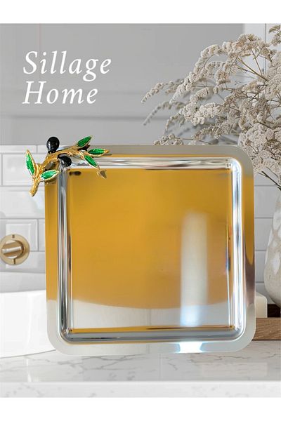 Sillage Home Luxury Square Stainless Steel 2-Piece Coffee and Tea Decorative Presentation Tray with Olive Branch Accessories