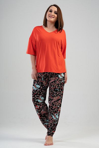 VİENETTA Women's Plus Size V-Neck Off Shoulder Short Sleeve Pajamas Suit , 111489