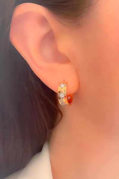 Trinos Steel Earrings Quadrilateral Detailed Zircon Stone Hoop Earrings