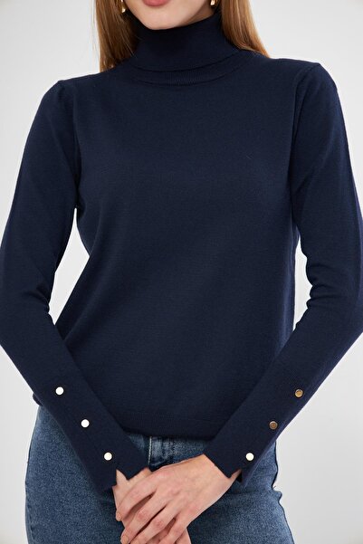 Irmak Kerekli Pulover de damă, albastru bleumarin, cu mâneci snap, cu gât țesut 1050