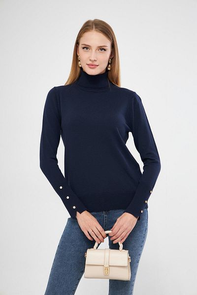 Irmak Kerekli Pulover de damă, albastru bleumarin, cu mâneci snap, cu gât țesut 1050
