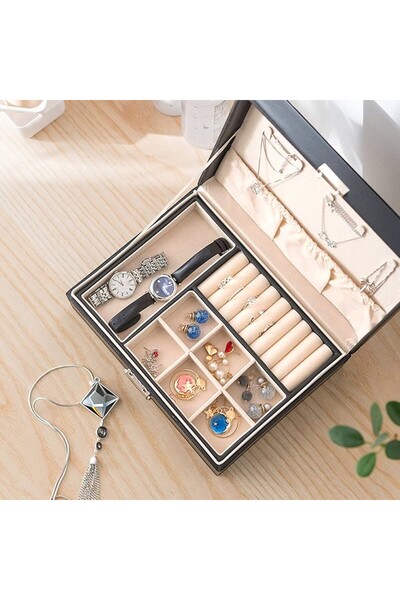 Se Promo Lüks 2 Katlı Düzenleyici Büyük Boy Takı Kutusu Organizer Seyahat Çan...