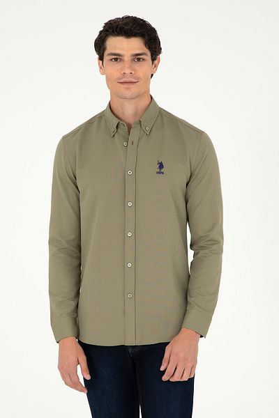 U.S. Polo Assn. Ανδρικό ανοιχτό χακί μακρυμάνικο πουκάμισο Basic 50293427 -VR183