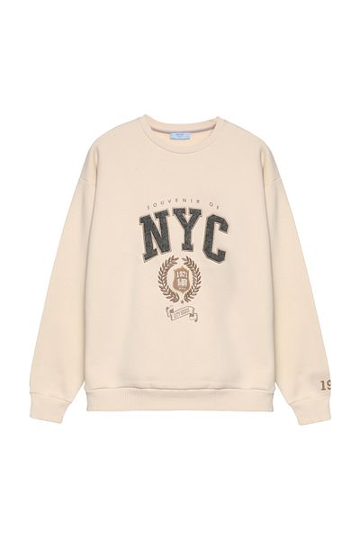 Quzu Beige Color Applique Detailed Sweatshirt