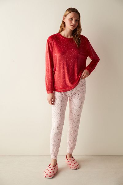 Penti Star Patterned Red Fuzzy Sweatshirt Pajama Top