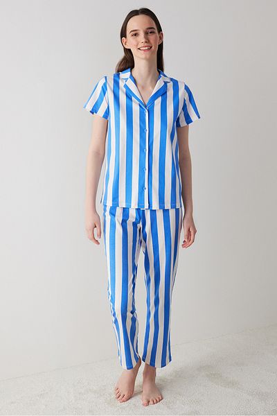 Penti Set de pijamale cu dungi albastre Ent Mixed Stripes cămașă și pantaloni - cu nasturi