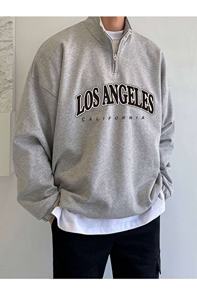 coolart سويت شيرت لوس أنجلوس كاليفورنيا نصف سحاب - رمادي مطبوع كبير الحجم بيا...