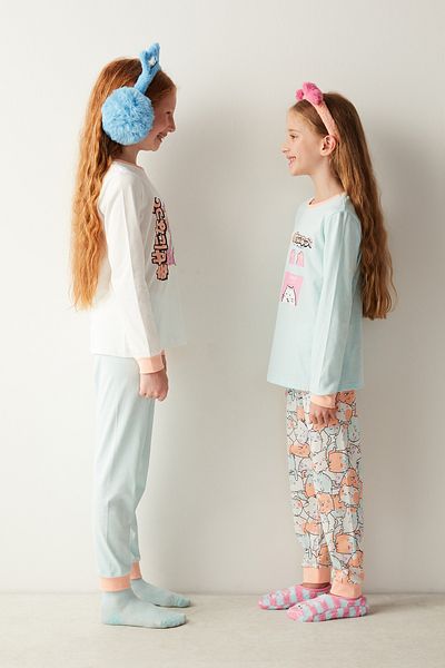 Penti Girl's Anime Cat Patterned 2-Piece Pajama Set