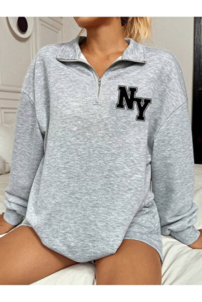 coolart Φούτερ με μισό φερμουάρ Ny Logo - Γκρι εμπριμέ υπερμεγέθης όρθιος γιακάς