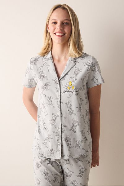 Penti Set de pijamale din bumbac, pantaloni, cămașă gri deschis