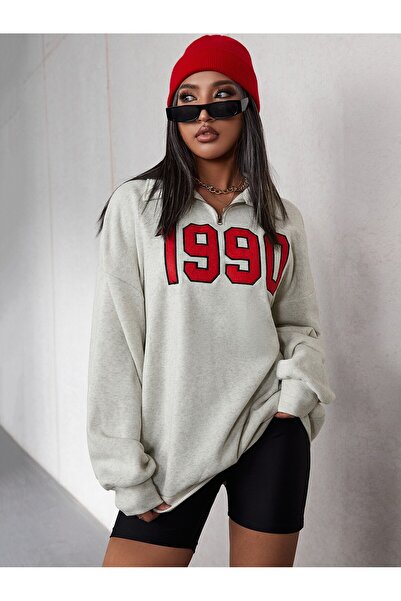 SeusCraft Φούτερ με μισό φερμουάρ 1990 - Γκρι με στάμπα, υπερμεγέθης όρθιος γ...