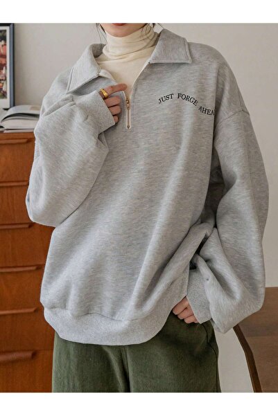 coolart Φούτερ Just Forge με μισό φερμουάρ - Γκρι με στάμπα, υπερμεγέθης όρθι...