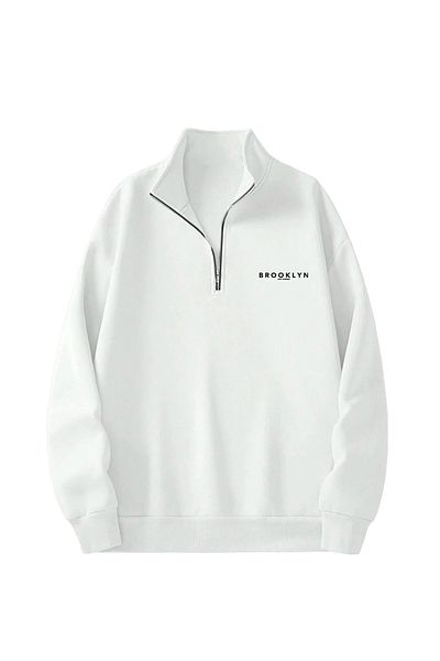 MODARİCH Φούτερ Brooklyn Text Half Zipper - Λευκό εμπριμέ υπερμεγέθη όρθιο γιακά