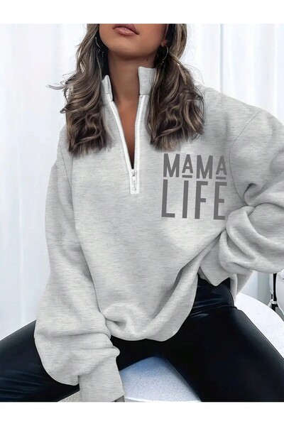 coolart Φούτερ Mama Life με μισό φερμουάρ - Γκρι με στάμπα, υπερμεγέθης όρθιο...