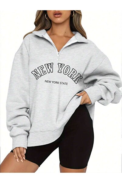 coolart Hanorac cu jumătate de fermoar New York State - Gri cu imprimeu, gule...