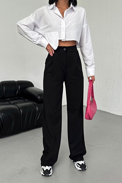 CNRCollection Kadın Siyah Yüksek Bel Pileli Düğmeli Likralı Esnek Kumaş Oversize Rahat Kalıp Palazzo Pantolon