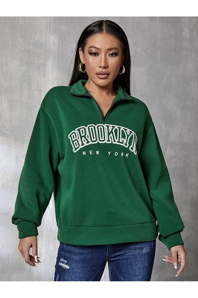 MODARİCH Φούτερ Brooklyn New York με στάμπα πράσινη υπερμεγέθη - μισό φερμουάρ, όρθιος γιακάς