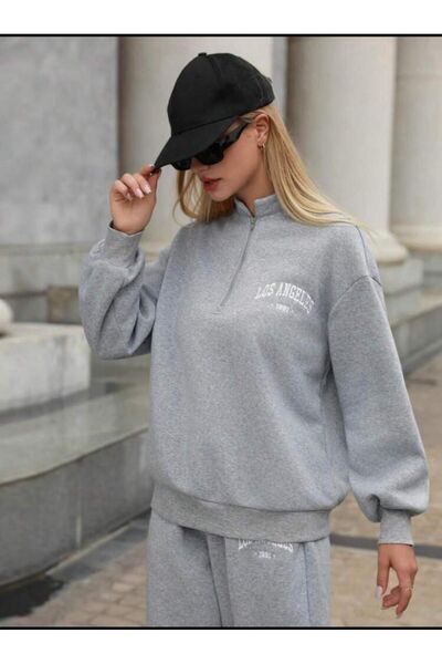 coolart Φούτερ Los Angeles 1991 Half Zipper - Γκρι εμπριμέ υπερμεγέθη γιακά