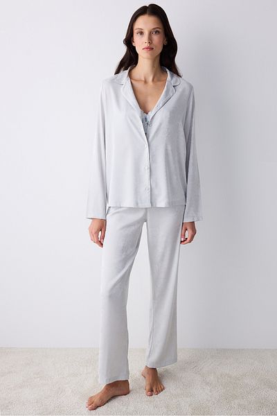 Penti Aura Satin Hellgraues Hemd- und Hosen-Pyjama-Set