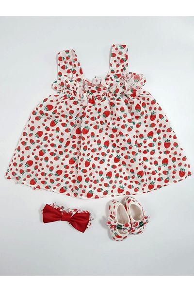 YUKOBABY Baby Girl Strawberry Printed Dress (Bow Bandana and Shoes) 3-Piece Set
