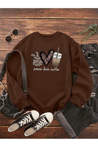 MODARİCH Φούτερ Peace Love Coffe - Oversize Brown Crew Neck