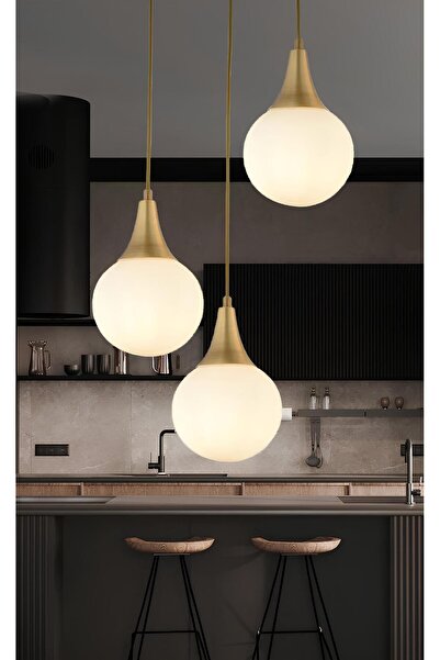 burenze Modern 3'lü Sarkıt Beyaz Opal Camlı Salon Mutfak Oturma Odası Avize Eskitme Gold