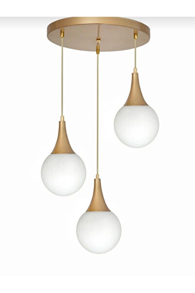 burenze Modern 3'lü Sarkıt Beyaz Opal Camlı Salon Mutfak Oturma Odası Avize Eskitme Gold