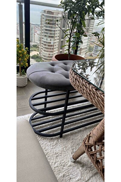 Evistro Kapitoneli Puf Bench Kapı Önü Siyah Metal Ayakkabılık Gri Pamir