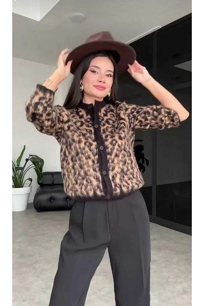 Pazar Sepeti Cardigan din tricotaje moale cu model leopard