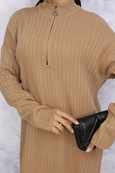 benguen 11026 Φόρεμα βιζόν με μακρύ πλεκτό γιακά με ριμπ φερμουάρ