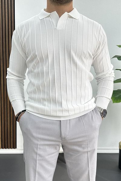 Edwox Polo Collar Patterned White Men's Sweater - Edw211