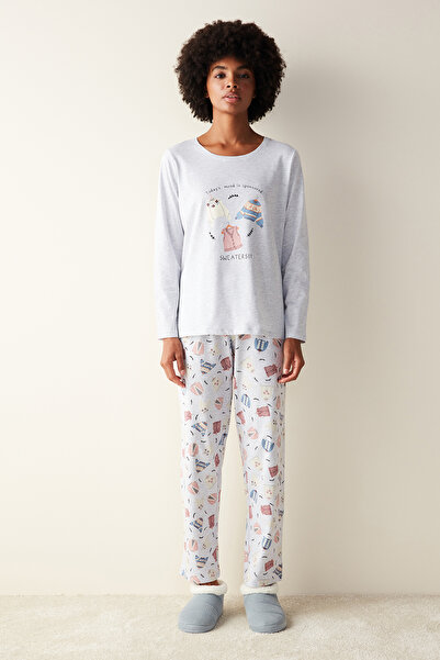 Penti Σετ Πυτζάμες Μακρυμάνικα Ανοιχτό Γκρι