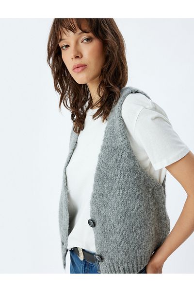 Koton Wool Blended V-Neck Buttoned Knitted Vest