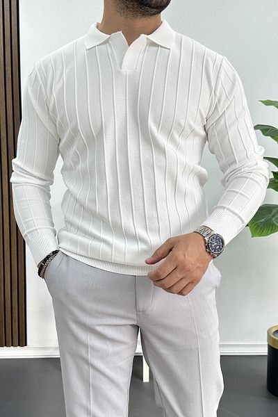 Edwox Polo Collar Patterned White Men's Sweater - Edw211