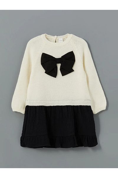 LC Waikiki Lcw Baby Cream Color Crew Neck Knitwear Baby Girl Dress