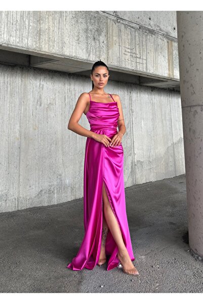 Serica Moda İp Askılı Drapeli Yırtmaçlı Saten Uzun Abiye Elbise
