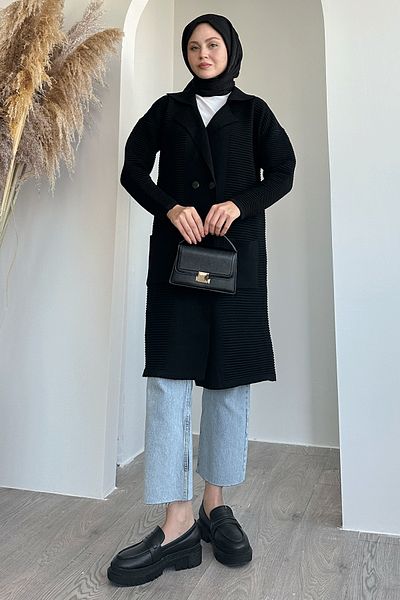 InStyle Μαύρο πλεκτό μπουφάν με μοτίβο Seersucker
