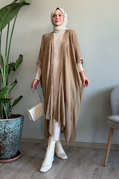 InStyle Dark Beige Knitwear Poncho with Tassel Detail on the Sleeves