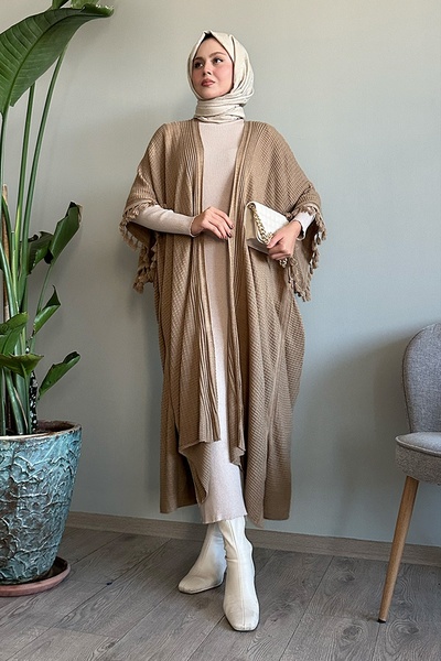 InStyle Dark Beige Knitwear Poncho with Tassel Detail on the Sleeves