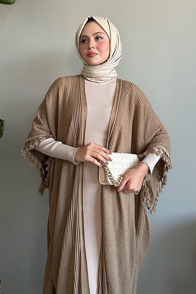 InStyle Dark Beige Knitwear Poncho with Tassel Detail on the Sleeves