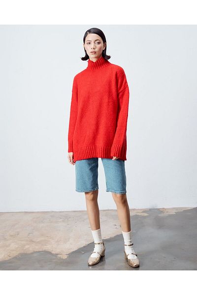 Lavanta Tekstil Pulover de lână oversize cu guler vertical pentru femei