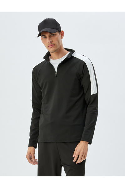 Koton Spor Sweatshirt Dik Yaka Yarım Fermuarlı Renk Kontrastlı İnterlok Kumaş