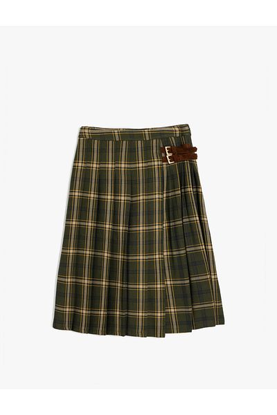 Koton Viscose Blend Pleated Plaid and Belt Detailed Skirt