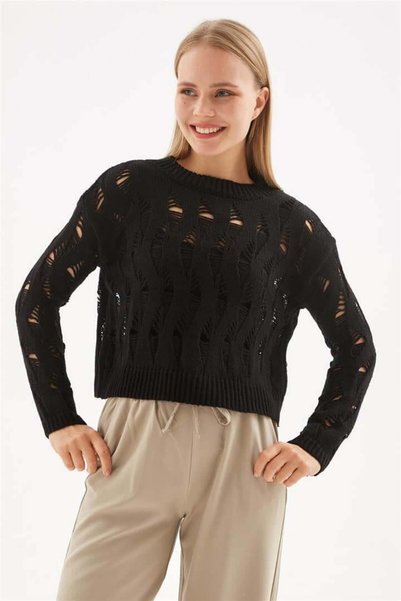 Fashion Friends Ajurlu Crop Kazak Siyah