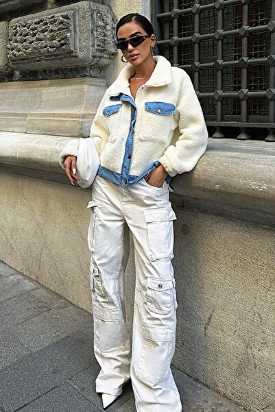 VAGGON Γυναικείο εκρού βελούδινο τζιν μπουφάν Vs00075