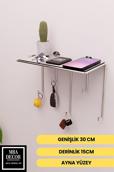 mba decor metal bending art Silver Mirror Surface Wall Shelf and Keychain Hanger – Minimalist Metal Decorative Shelf