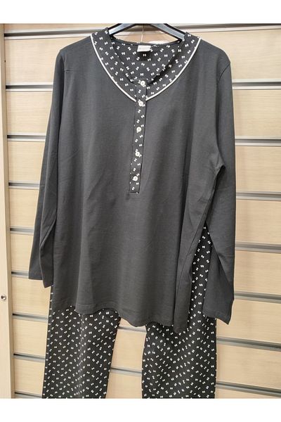 Nena 100% Cotton Buttoned Collar Large Size Long Sleeve Women's Pajamas Set