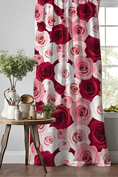 Else Halı Pembe Kırmızı Güller Desenli Djital Baskılı Yemek Odası Mutfak Fon Perde 140x260cm